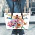 Beautiful dragonfly sitting on top of flowers leather tote bag