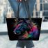Beautiful horse with rainbow colors leather tote bag