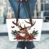 Beautiful realistic deer with flowers and christmas elements leather totee bag