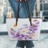 bees flying to musical notes and purple leafs in the summer Leather Tote Bag