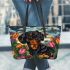 Black and tan dachshund dog surrounded by colorful tulips leather tote bag