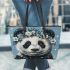 Black and white cute panda with blue eyes leather tote bag