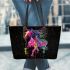 Black background with a colorful horse leather tote bag