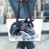 Black horse head with white rose and blue flowers leather tote bag