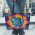 Blue frog with rainbow stripes on his body leaather tote bag