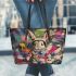 Bunny in astronaut suit in the style of graffiti leather tote bag