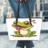 Cartoon cute frog spitting out red liquid leaather tote bag
