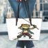 Cartoon drawing of an anthropomorphic frog samurai leaather tote bag