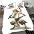 Cartoon drawing of an anthropomorphic frog samurai bedding set