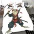 Cartoon drawing of an anthropomorphic frog samurai bedding set