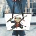 Cartoon drawing of an anthropomorphic frog samurai leaather tote bag