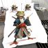 Cartoon frog character dressed as a samurai holding bedding set