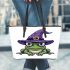 Cartoon frog wearing witch hat leaather tote bag