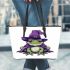 Cartoon frog wearing witch hat leaather tote bag