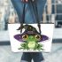 Cartoon frog wearing witch hat leaather tote bag