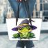 Cartoon frog wearing witch hat leaather tote bag