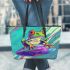 Cartoon frog with bright colors leaather tote bag