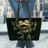 Cartoon frog with four arms and two legs sticking leaather tote bag