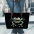 Cartoon frog with four arms and two legs sticking leaather tote bag