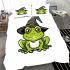 Cartoon green frog with black witch hat bedding set