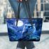 Cartoon owl in the moonlight cute baby blue eyes leather tote bag