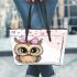 Cartoon owl with a pink bow on its head leather tote bag