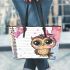 Cartoon owl with a pink bow on its head leather tote bag