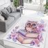 Cartoon owl with big eyes sitting on books surrounded by pink roses area rugs carpet
