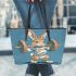 Cartoon style cute rabbit lifting barbells leather tote bag