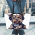 Cartoon yorkshire terrier dog wearing headphones leather tote bag