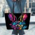 Colorful cartoon rabbit wearing sunglasses leather tote bag