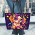 Colorful cute cartoon dog with bow leather tote bag