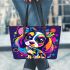 Colorful cute cartoon dog with bow leather tote bag