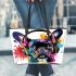 Colorful cute french bulldog with headphones leather tote bag
