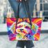 Colorful cute happy dog with bow leather tote bag