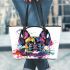 Colorful french bulldog wearing headphones leather tote bag