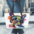 Colorful french bulldog wearing headphones leather tote bag