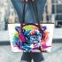 Colorful french bulldog with headphones leather tote bag