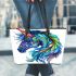 Colorful head of a horse with turquoise leather tote bag