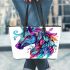 Colorful horse head with turquoise leather tote bag