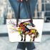 Colorful horse with tree branches growing from its body leather tote bag