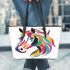 Colorful illustration of a horse head leather tote bag