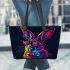 Colorful rabbit with sunglasses and bow tie leather tote bag