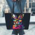 Colorful rabbit with sunglasses and bow tie leather tote bag