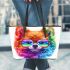 Colorful rainbow pomeranian dog wearing sunglasses leather tote bag