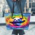 Colorful rainbow splash of color cute baby panda leather tote bag