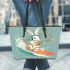 Cool rabbit surfing with electric guitar and headphones leather tote bag