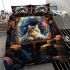 Curious cat amid books and stars bedding set