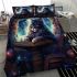 Curious cat and the bookshelf galaxy bedding set