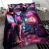 Curious cat in retro arcade room bedding set